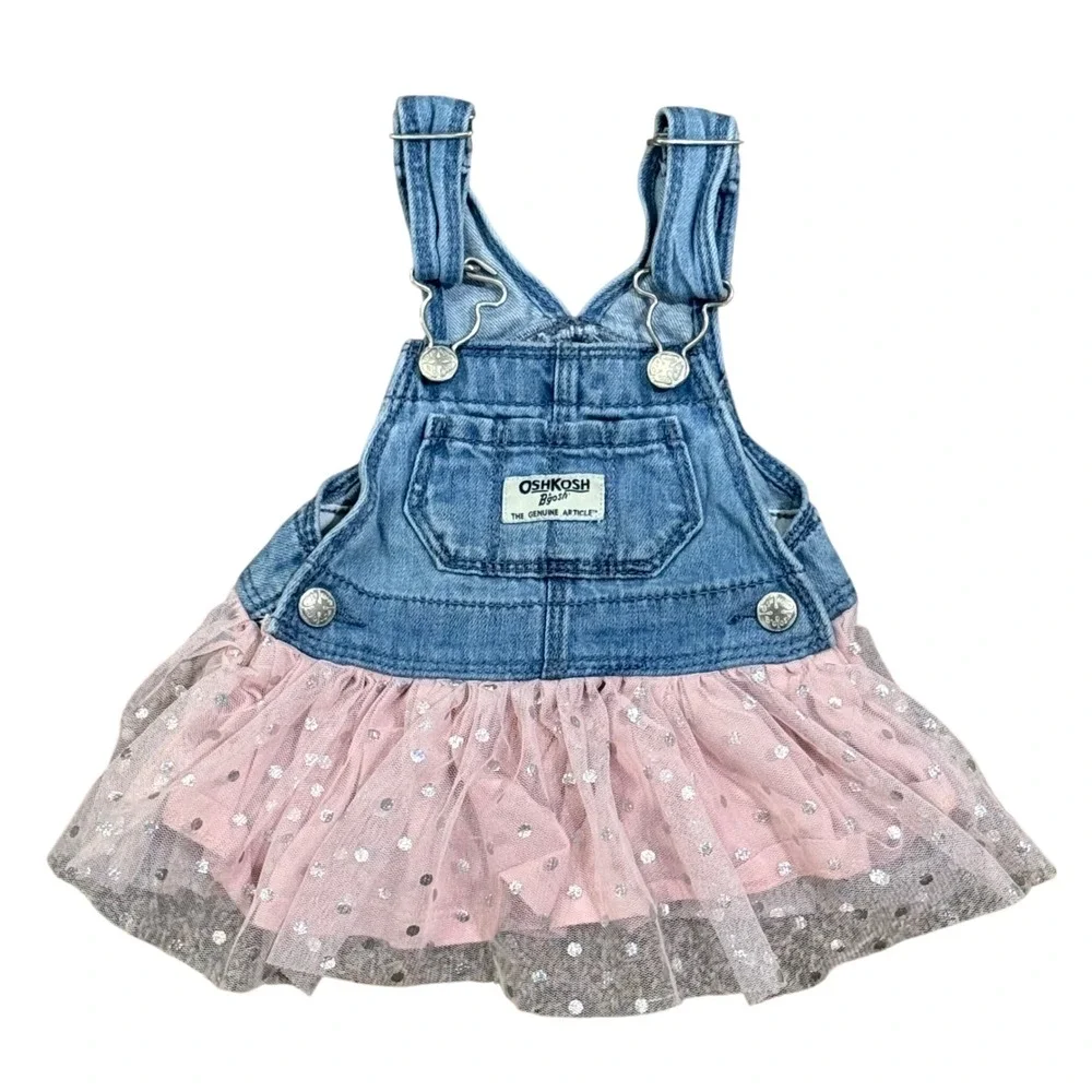 OshKosh Bgosh Baby Girls Denim Overall Dress Pink Tulle Polka Dot Skirt 3M